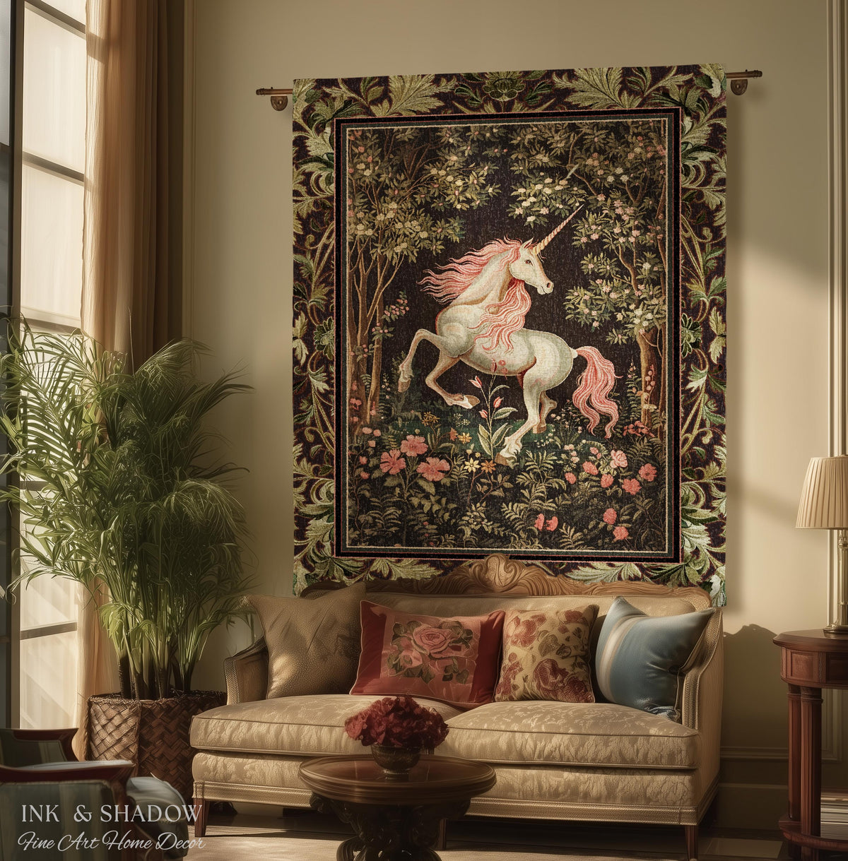 Whimsical Enchanted Unicorn Blanket Victorian Gothic Tapestry Blanket | Dark Cottagecore Throw Renaissance Folklore Baroque Aesthetic Decor