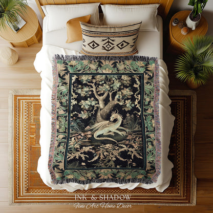 Ethereal Dragon Art Tapestry Throw Enchanted Decor Fantasy Forest Whimsical Woodland Gothic Decor | Fairytale Whimsy Art Deco Dragon Blanket