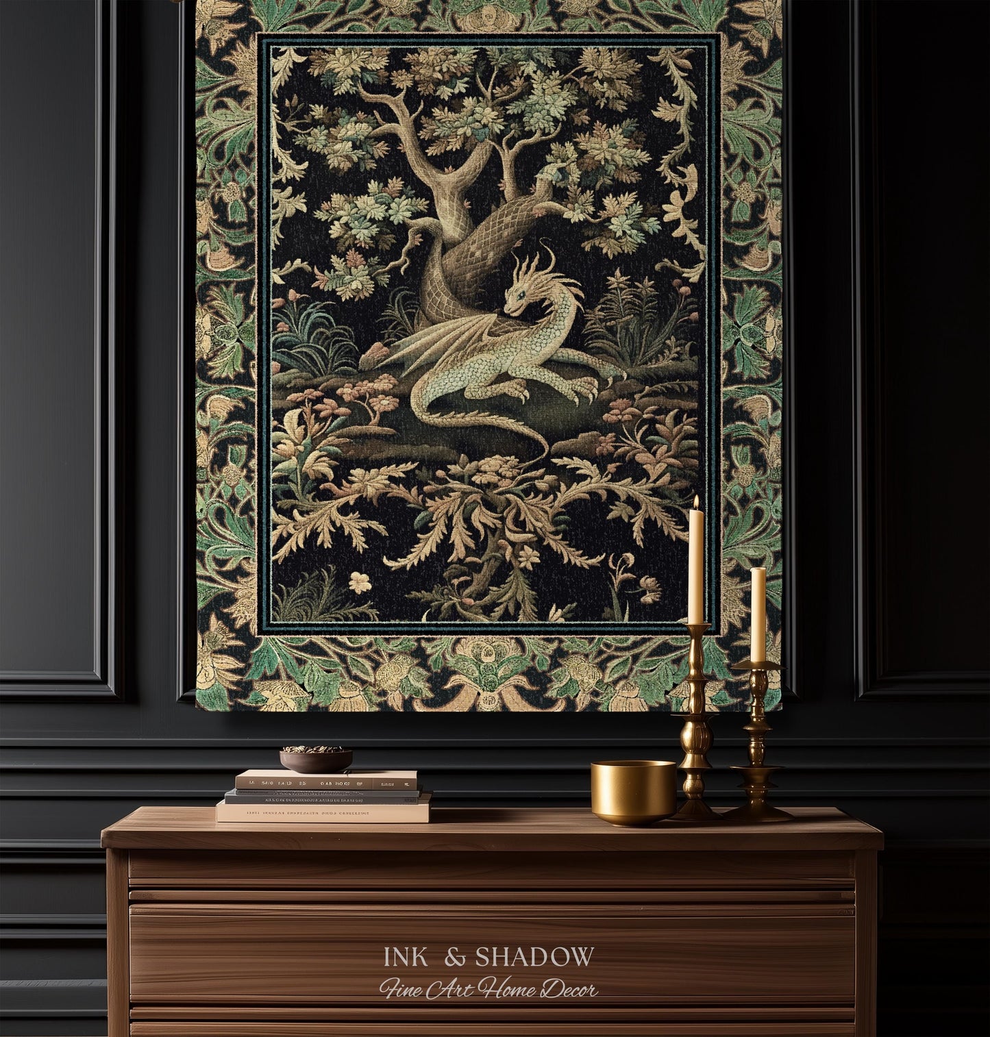 Ethereal Dragon Art Tapestry Throw Enchanted Decor Fantasy Forest Whimsical Woodland Gothic Decor | Fairytale Whimsy Art Deco Dragon Blanket