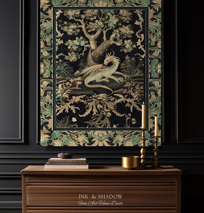 Ethereal Dragon Art Tapestry Throw Enchanted Decor Fantasy Forest Whimsical Woodland Gothic Decor | Fairytale Whimsy Art Deco Dragon Blanket