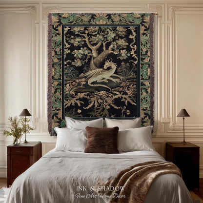 Ethereal Dragon Art Tapestry Throw Enchanted Decor Fantasy Forest Whimsical Woodland Gothic Decor | Fairytale Whimsy Art Deco Dragon Blanket