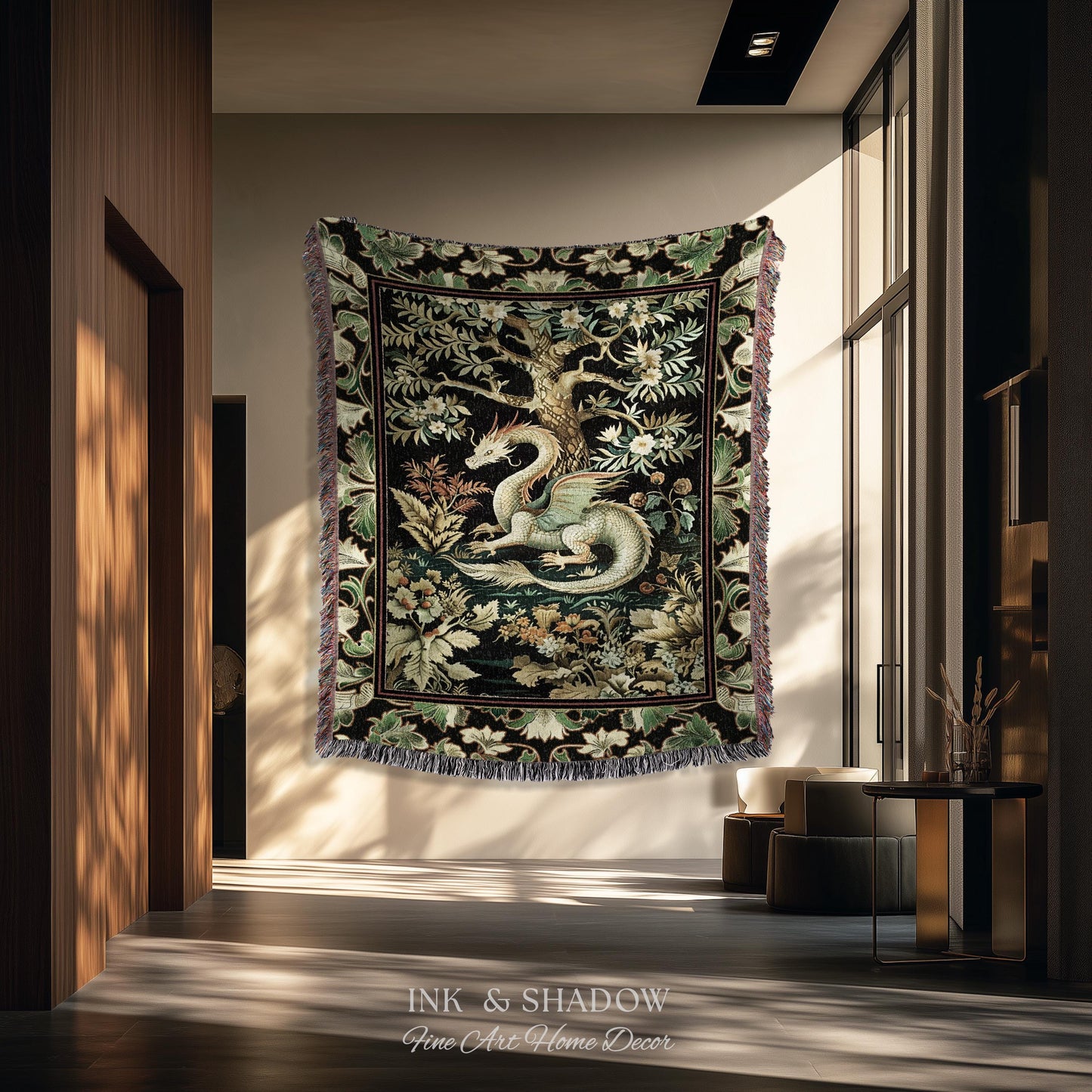 Mystical Fantasy Dragon Rug Runner Enchanting Dark Nature | Ancient Aesthetic Chinese Dragon Art Decor Ethereal Dragon Decoration Forestcore