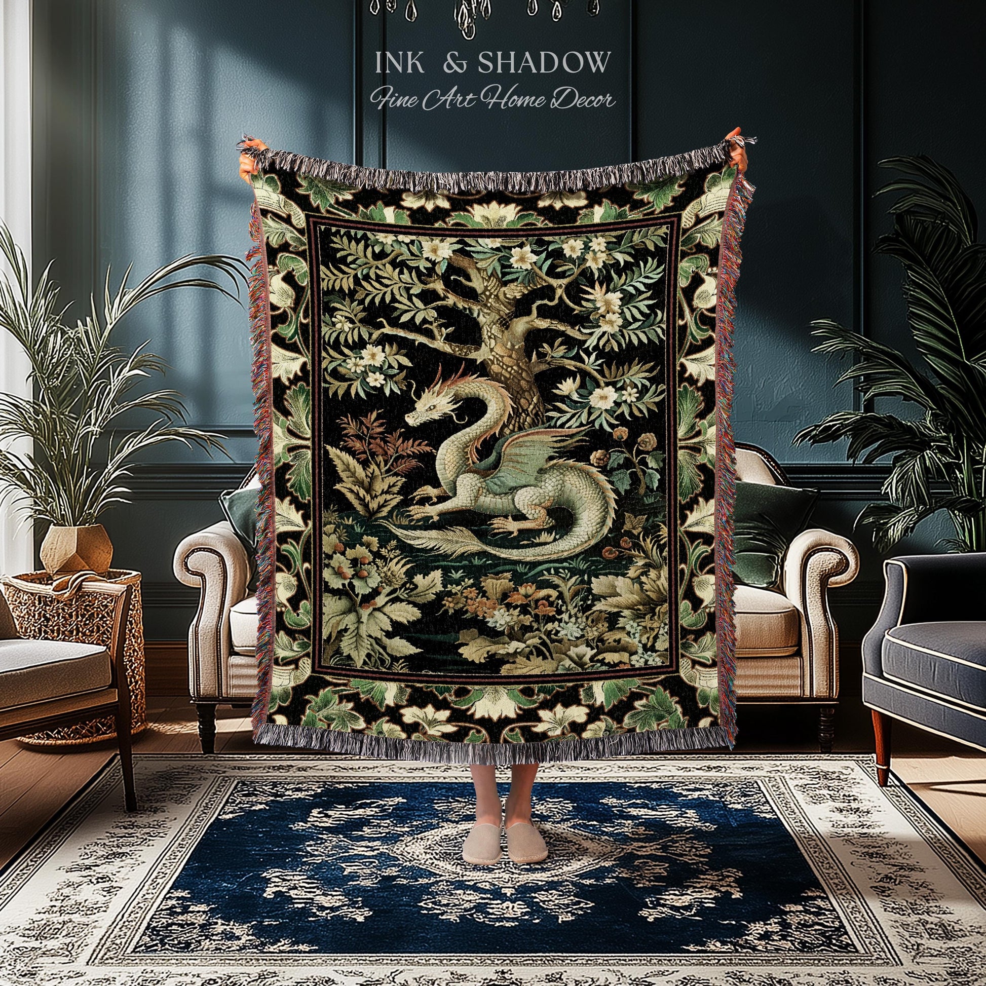 Mystical Fantasy Dragon Rug Runner Enchanting Dark Nature | Ancient Aesthetic Chinese Dragon Art Decor Ethereal Dragon Decoration Forestcore
