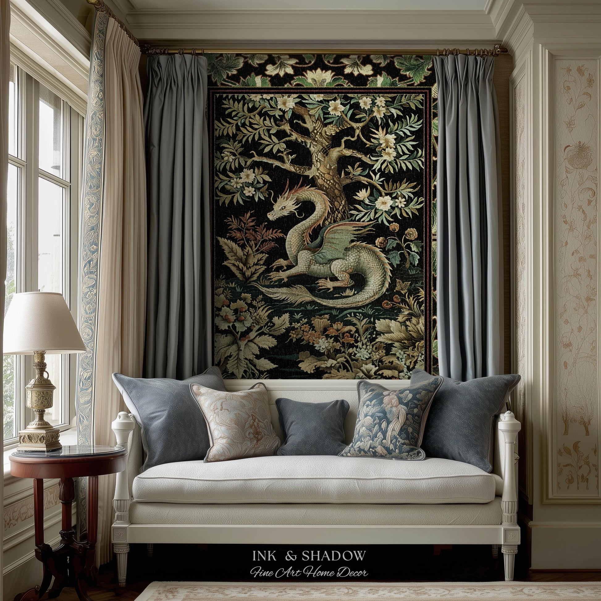 Mystical Fantasy Dragon Rug Runner Enchanting Dark Nature | Ancient Aesthetic Chinese Dragon Art Decor Ethereal Dragon Decoration Forestcore