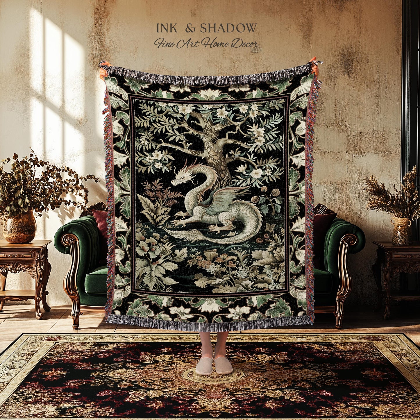 Mystical Fantasy Dragon Rug Runner Enchanting Dark Nature | Ancient Aesthetic Chinese Dragon Art Decor Ethereal Dragon Decoration Forestcore