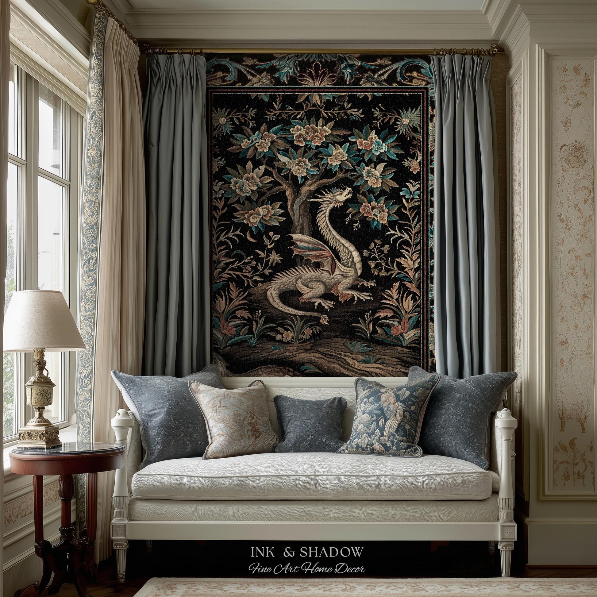 Dark Nature Enchanting Dragon Art Tapestry Blanket Mystical Fantasy Dragon Exotic Home Decor | Ethereal Woodland Magical Creature Goblincore