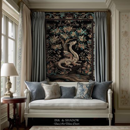 Dark Nature Enchanting Dragon Art Tapestry Blanket Mystical Fantasy Dragon Exotic Home Decor | Ethereal Woodland Magical Creature Goblincore
