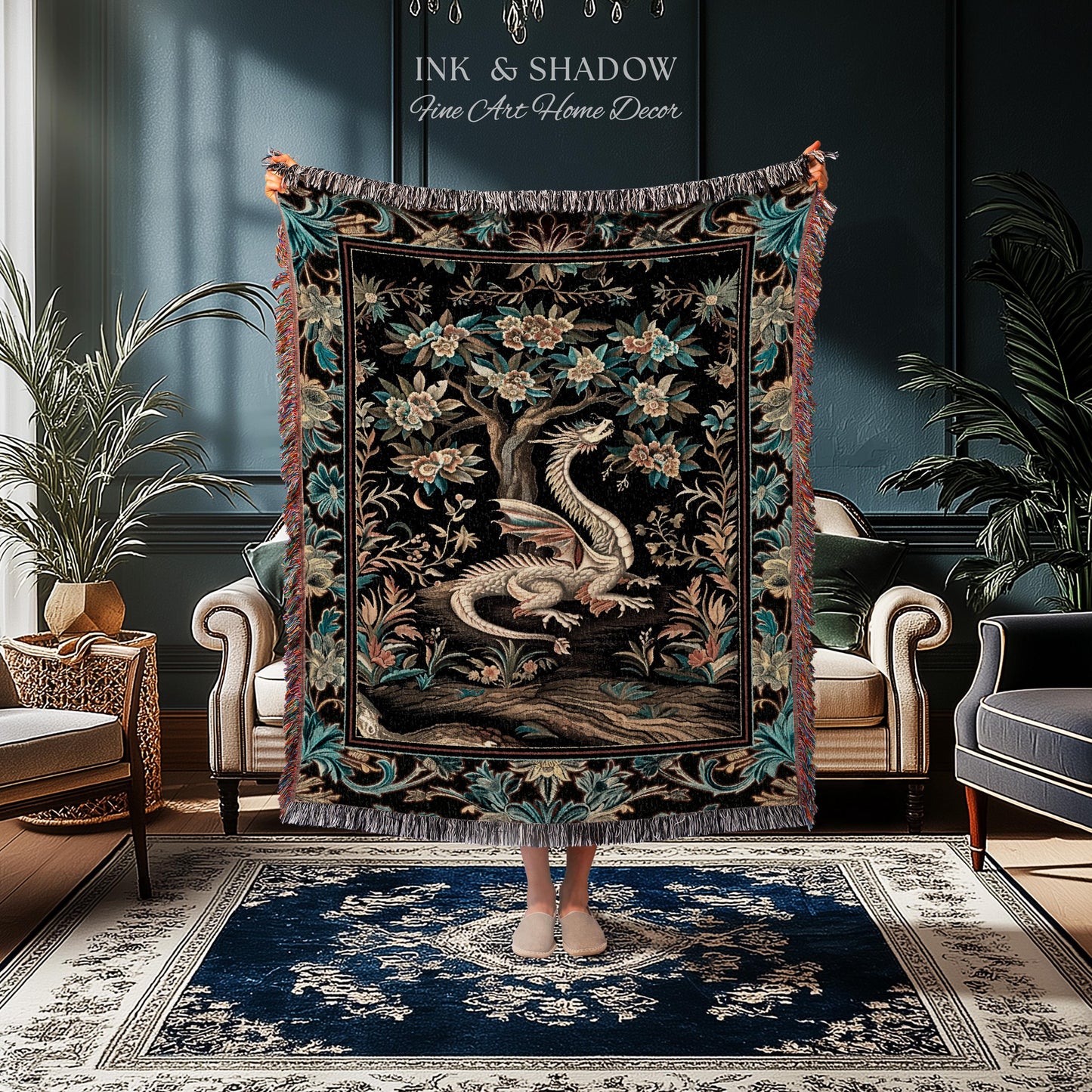 Dark Nature Enchanting Dragon Art Tapestry Blanket Mystical Fantasy Dragon Exotic Home Decor | Ethereal Woodland Magical Creature Goblincore