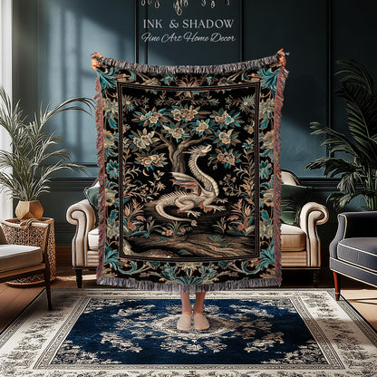 Dark Nature Enchanting Dragon Art Tapestry Blanket Mystical Fantasy Dragon Exotic Home Decor | Ethereal Woodland Magical Creature Goblincore