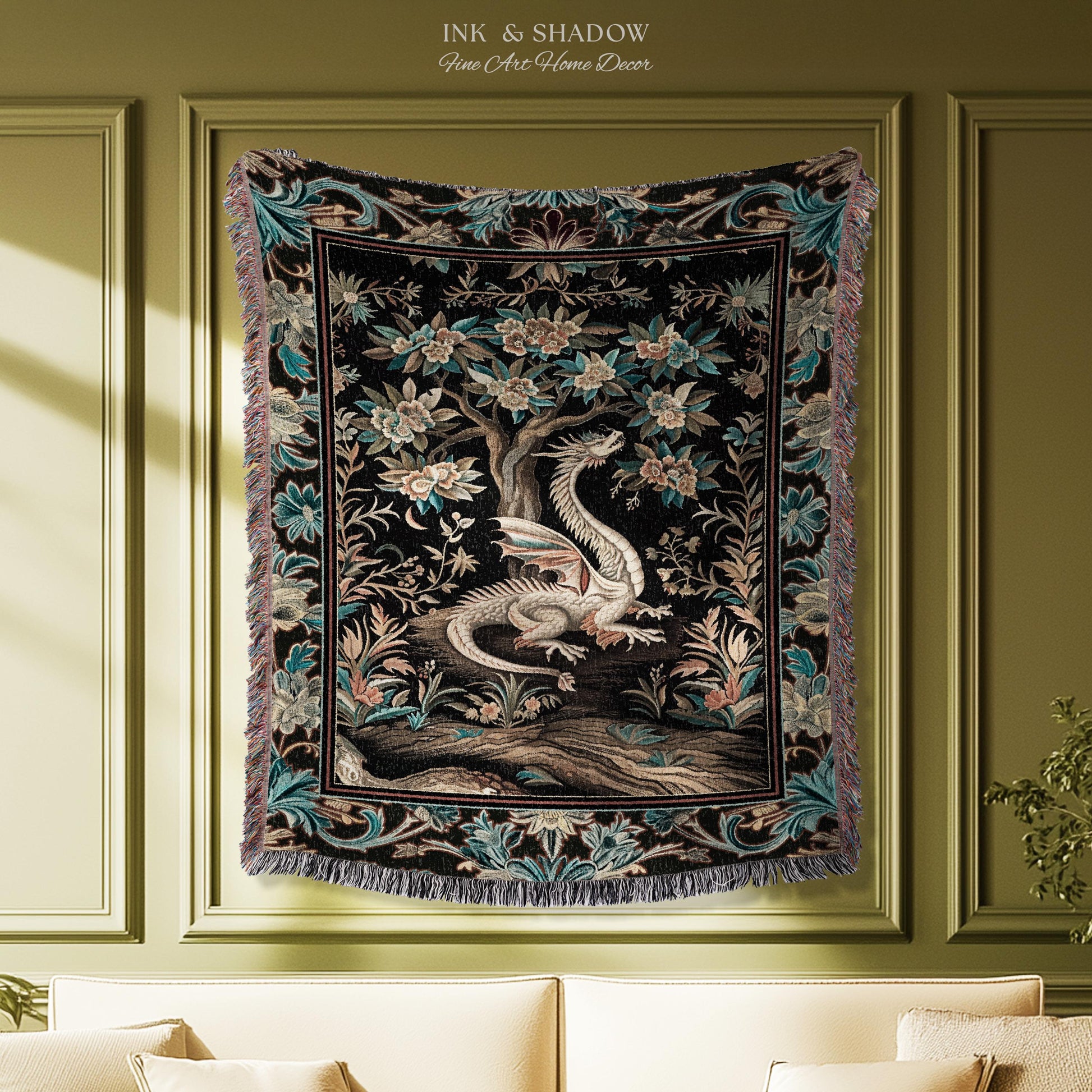 Dark Nature Enchanting Dragon Art Tapestry Blanket Mystical Fantasy Dragon Exotic Home Decor | Ethereal Woodland Magical Creature Goblincore