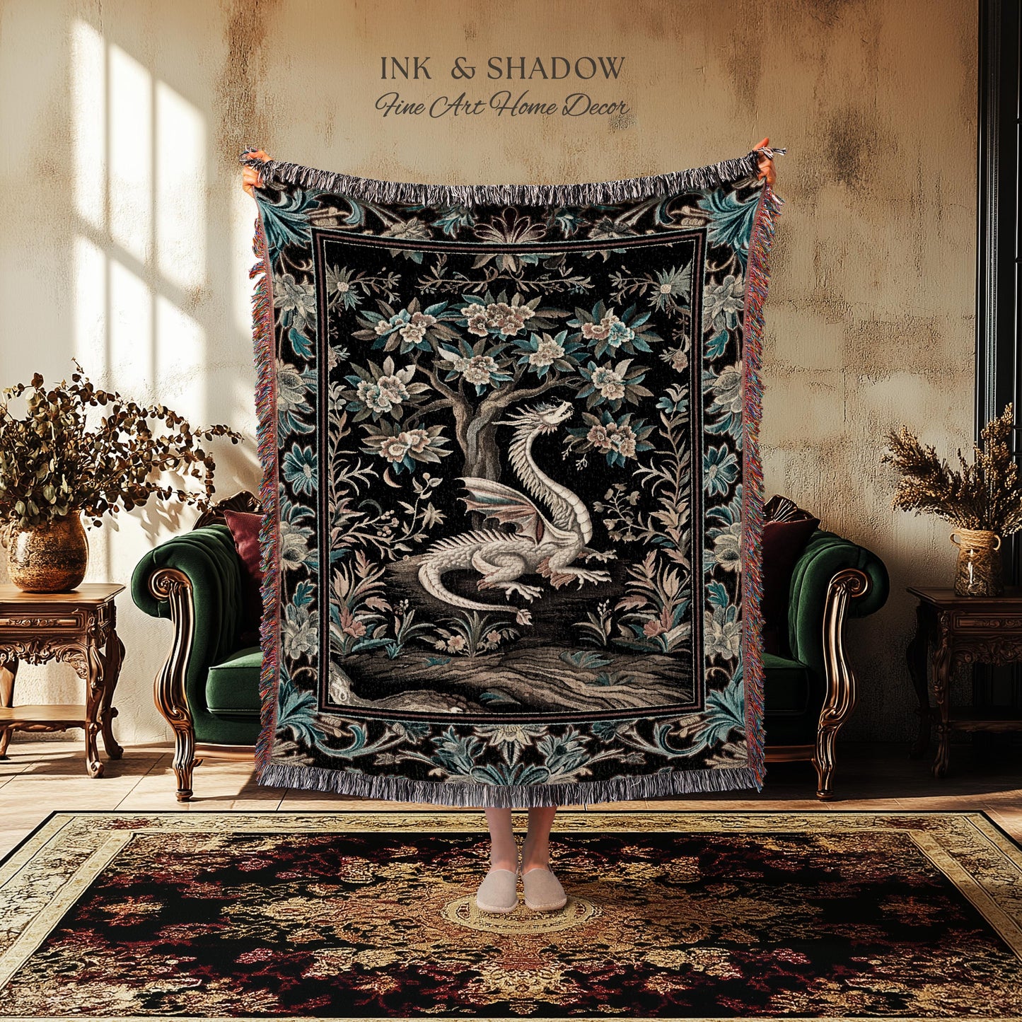 Dark Nature Enchanting Dragon Art Tapestry Blanket Mystical Fantasy Dragon Exotic Home Decor | Ethereal Woodland Magical Creature Goblincore