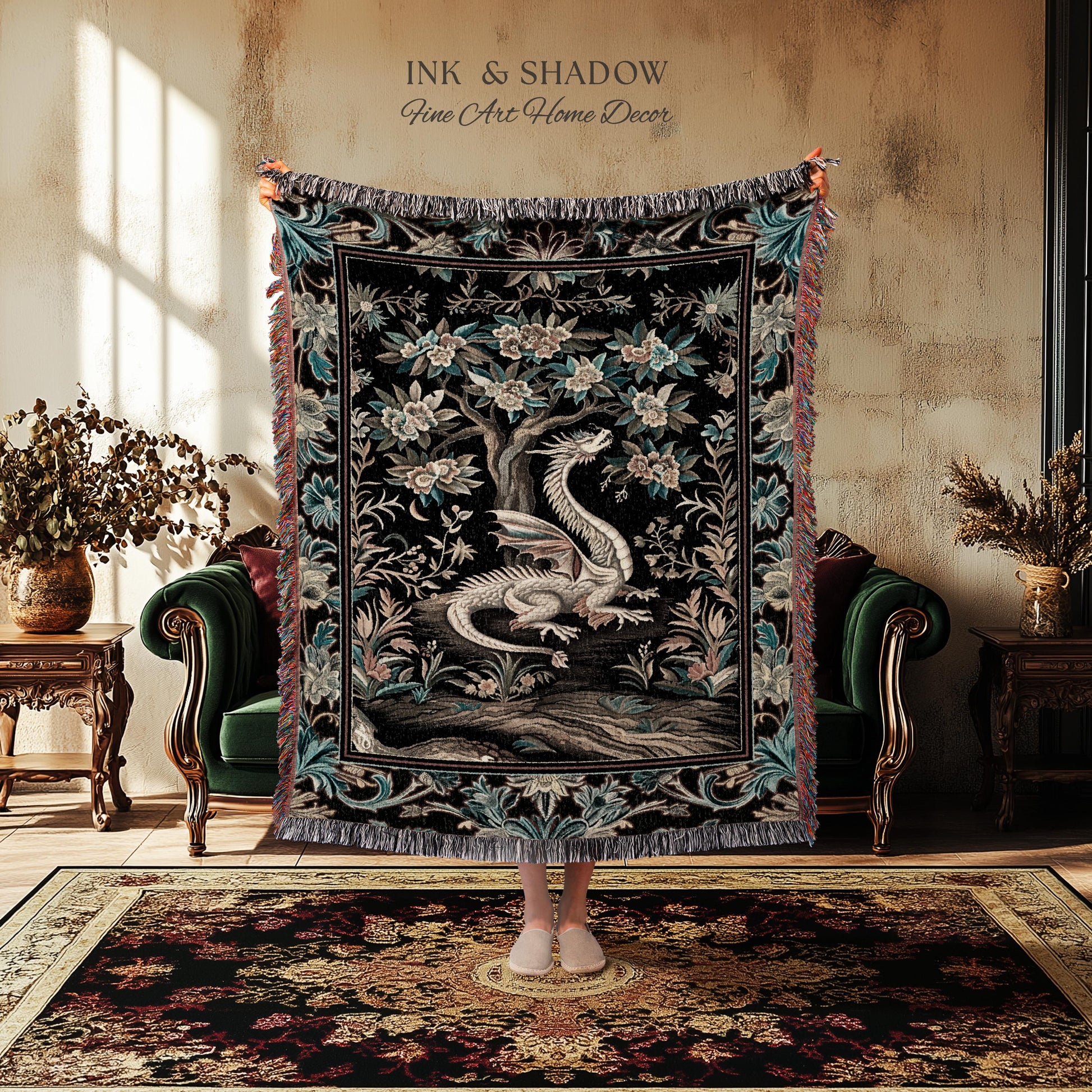 Dark Nature Enchanting Dragon Art Tapestry Blanket Mystical Fantasy Dragon Exotic Home Decor | Ethereal Woodland Magical Creature Goblincore