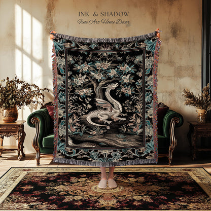 Dark Nature Enchanting Dragon Art Tapestry Blanket Mystical Fantasy Dragon Exotic Home Decor | Ethereal Woodland Magical Creature Goblincore
