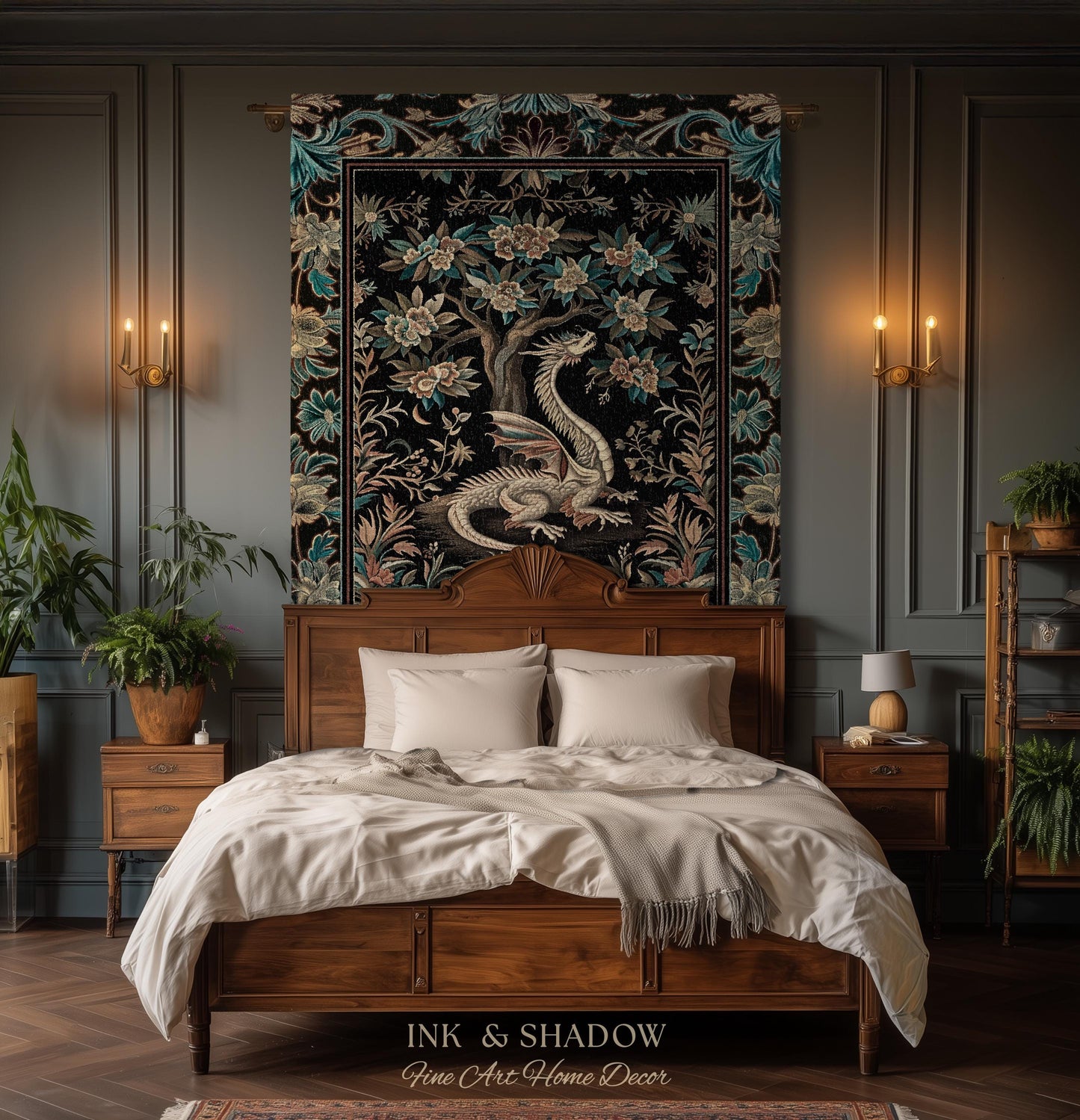 Dark Nature Enchanting Dragon Art Tapestry Blanket Mystical Fantasy Dragon Exotic Home Decor | Ethereal Woodland Magical Creature Goblincore