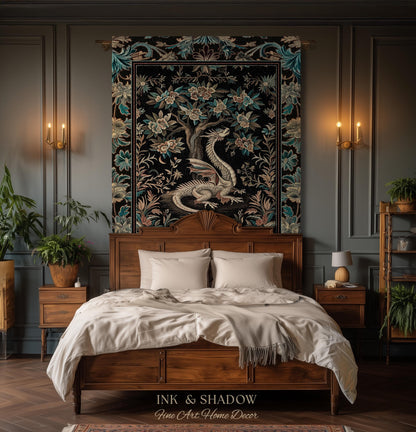 Dark Nature Enchanting Dragon Art Tapestry Blanket Mystical Fantasy Dragon Exotic Home Decor | Ethereal Woodland Magical Creature Goblincore