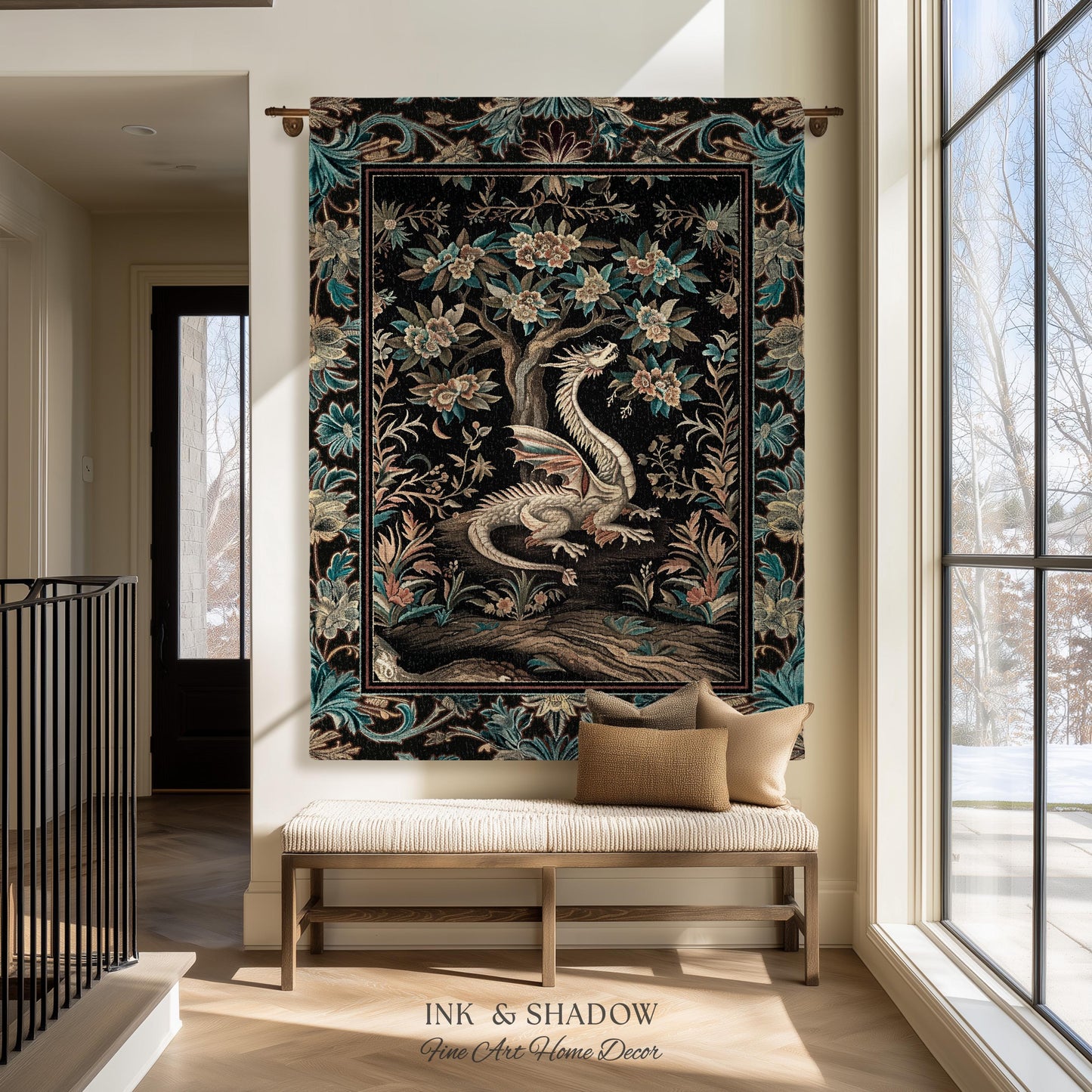 Dark Nature Enchanting Dragon Art Tapestry Blanket Mystical Fantasy Dragon Exotic Home Decor | Ethereal Woodland Magical Creature Goblincore