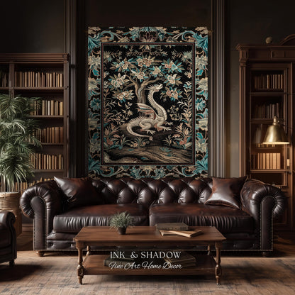 Dark Nature Enchanting Dragon Art Tapestry Blanket Mystical Fantasy Dragon Exotic Home Decor | Ethereal Woodland Magical Creature Goblincore