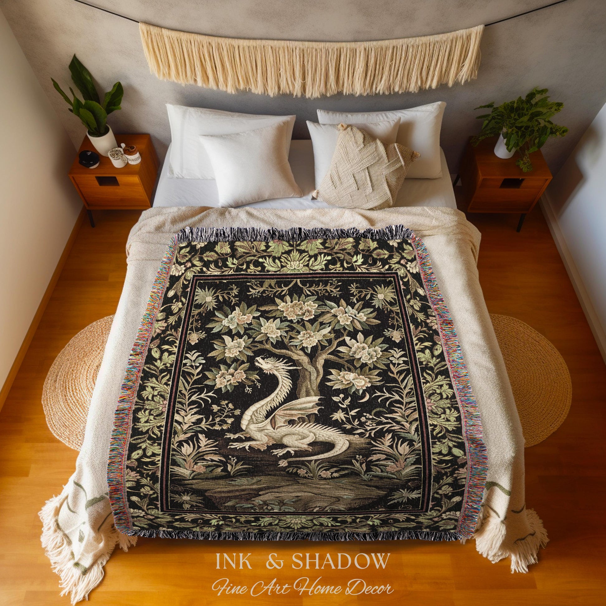 Woodland Gothic White Dragon Blanket Enchanted Forest Tapestry Throw | Mystical Dark Academia Whimsical Fantasy Forestcore Art Deco Decor