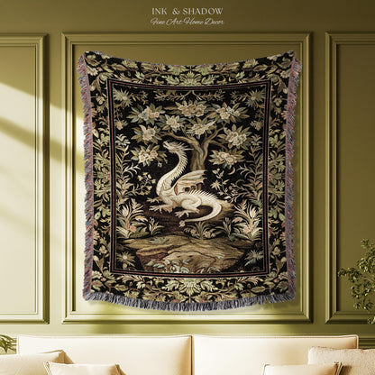 Woodland Gothic White Dragon Blanket Enchanted Forest Tapestry Throw | Mystical Dark Academia Whimsical Fantasy Forestcore Art Deco Decor
