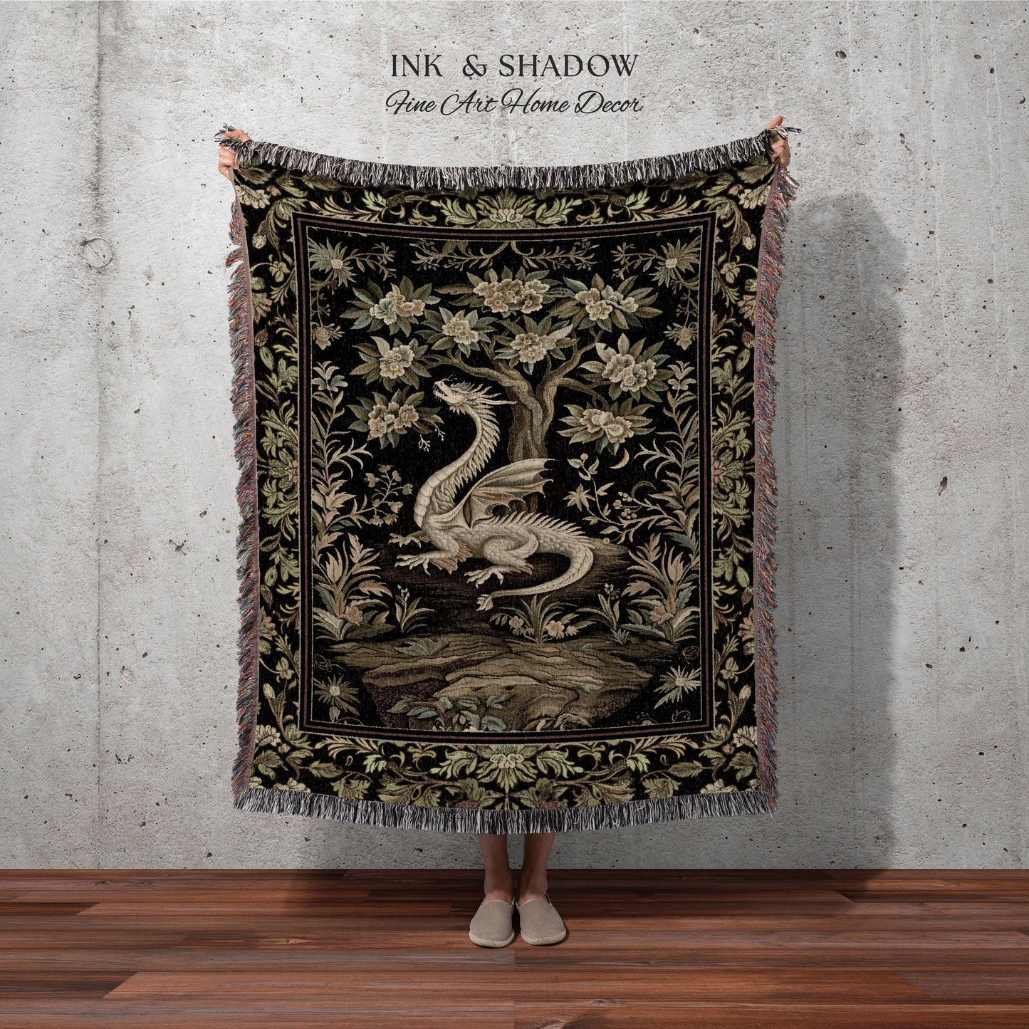 Woodland Gothic White Dragon Blanket Enchanted Forest Tapestry Throw | Mystical Dark Academia Whimsical Fantasy Forestcore Art Deco Decor