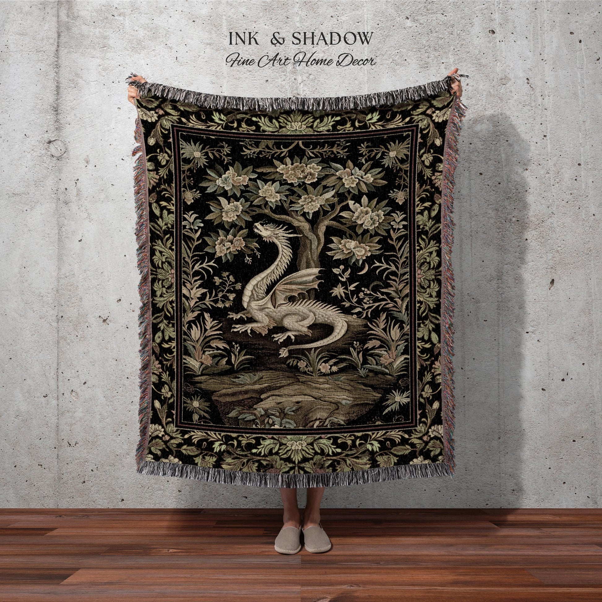 Woodland Gothic White Dragon Blanket Enchanted Forest Tapestry Throw | Mystical Dark Academia Whimsical Fantasy Forestcore Art Deco Decor