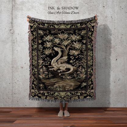 Woodland Gothic White Dragon Blanket Enchanted Forest Tapestry Throw | Mystical Dark Academia Whimsical Fantasy Forestcore Art Deco Decor
