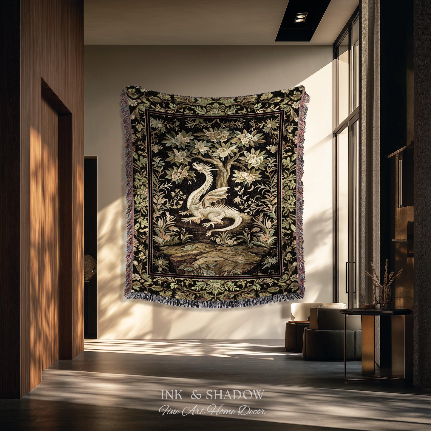 Woodland Gothic White Dragon Blanket Enchanted Forest Tapestry Throw | Mystical Dark Academia Whimsical Fantasy Forestcore Art Deco Decor