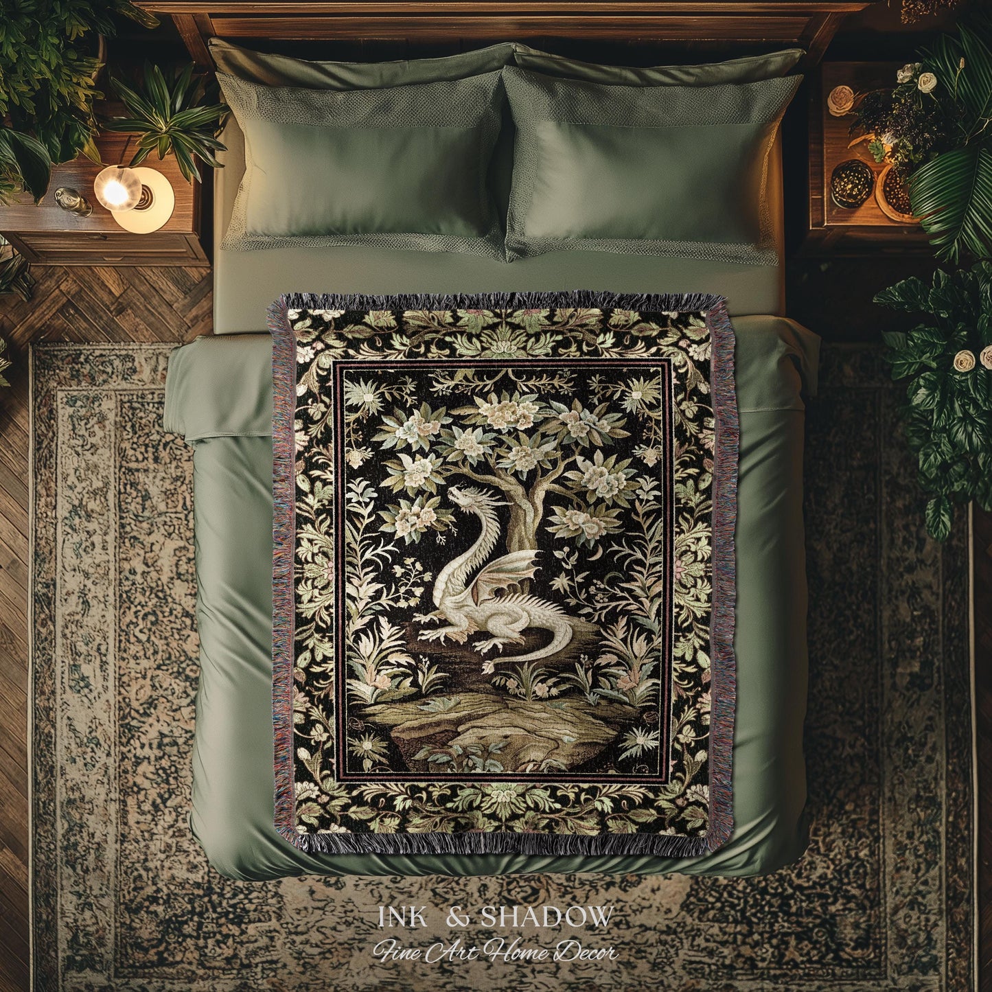 Woodland Gothic White Dragon Blanket Enchanted Forest Tapestry Throw | Mystical Dark Academia Whimsical Fantasy Forestcore Art Deco Decor