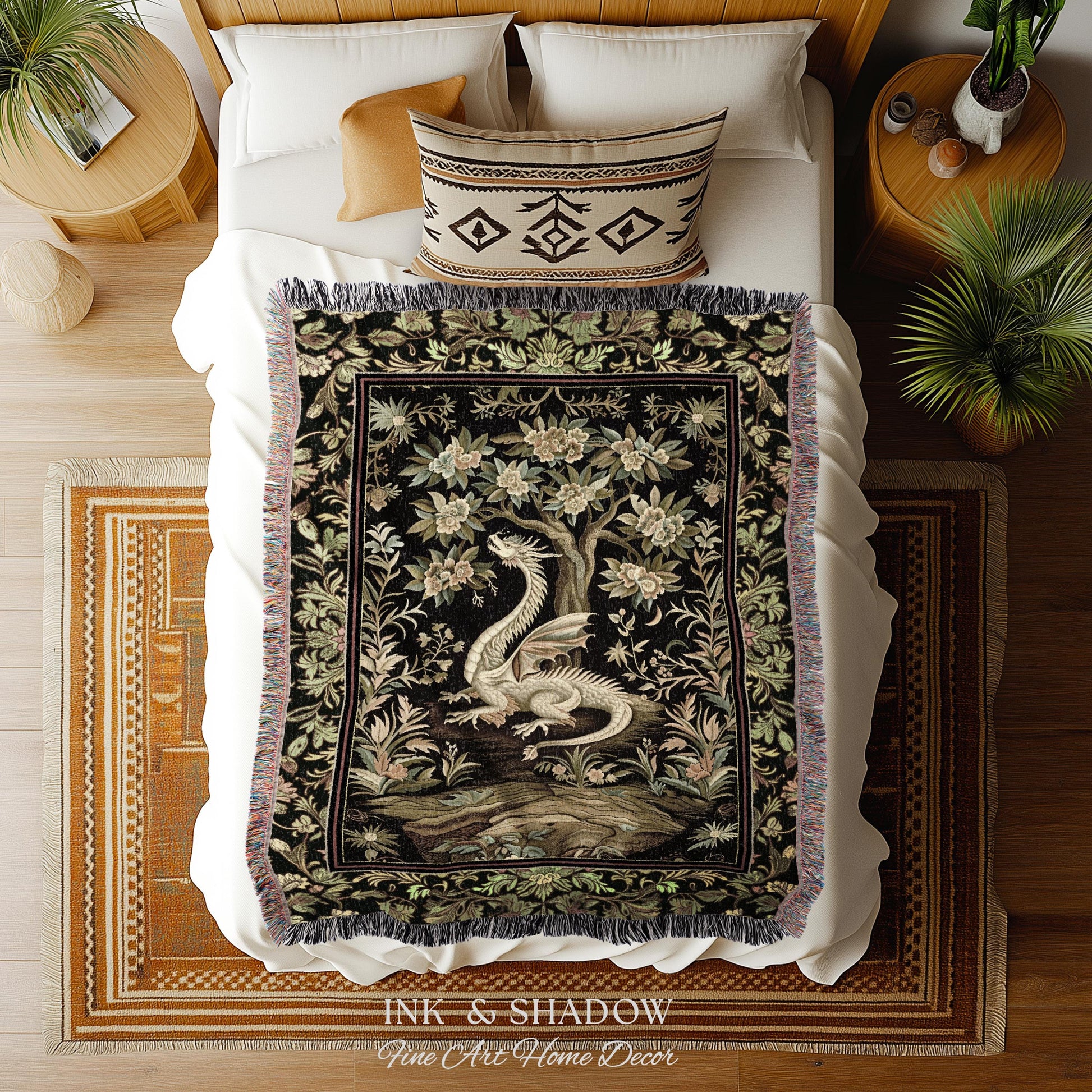 Woodland Gothic White Dragon Blanket Enchanted Forest Tapestry Throw | Mystical Dark Academia Whimsical Fantasy Forestcore Art Deco Decor