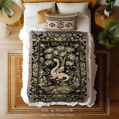 Woodland Gothic White Dragon Blanket Enchanted Forest Tapestry Throw | Mystical Dark Academia Whimsical Fantasy Forestcore Art Deco Decor