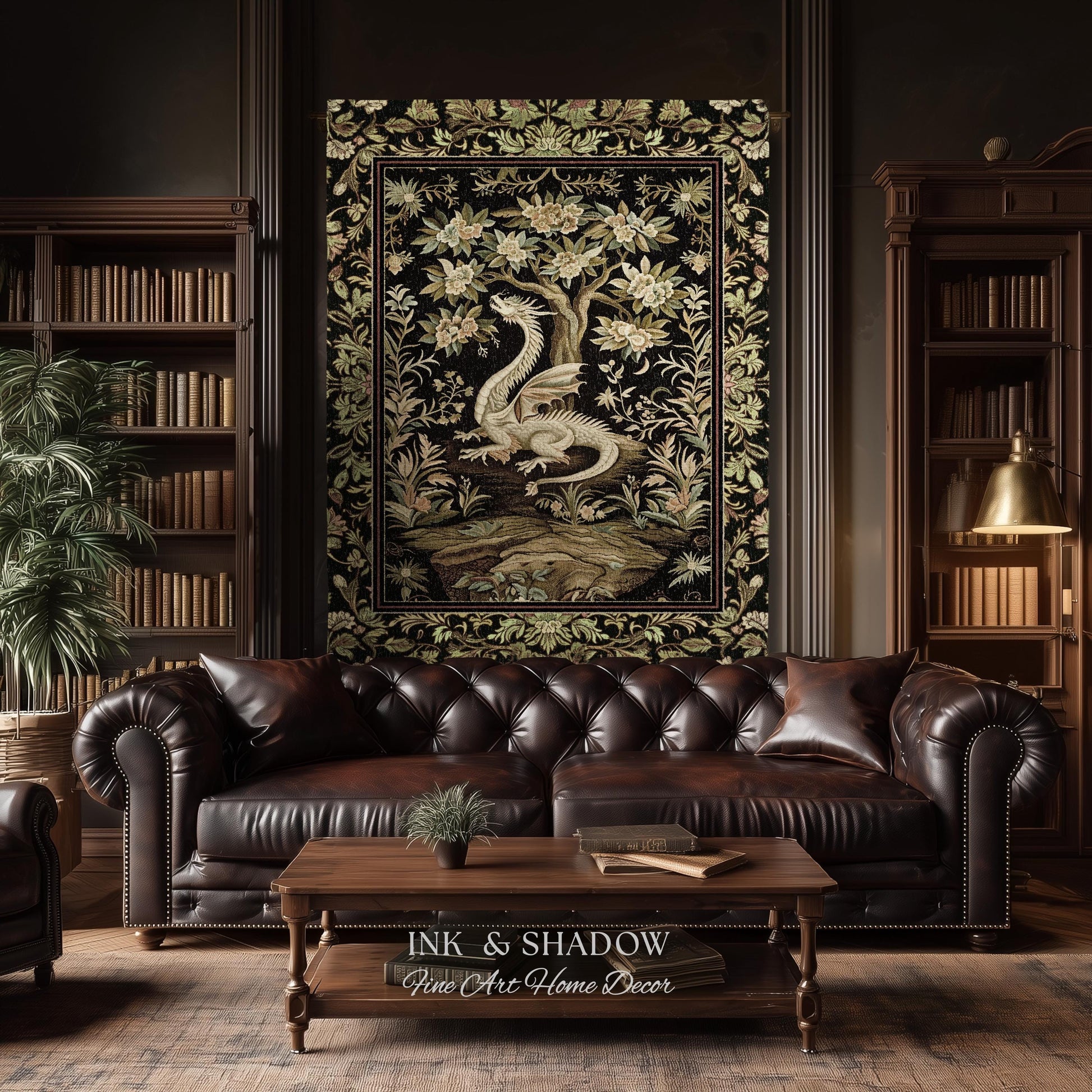 Woodland Gothic White Dragon Blanket Enchanted Forest Tapestry Throw | Mystical Dark Academia Whimsical Fantasy Forestcore Art Deco Decor