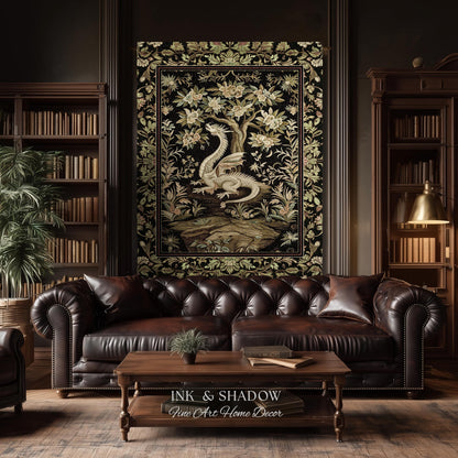 Woodland Gothic White Dragon Blanket Enchanted Forest Tapestry Throw | Mystical Dark Academia Whimsical Fantasy Forestcore Art Deco Decor