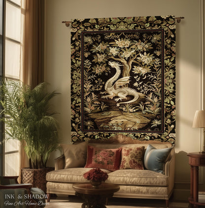 Woodland Gothic White Dragon Blanket Enchanted Forest Tapestry Throw | Mystical Dark Academia Whimsical Fantasy Forestcore Art Deco Decor
