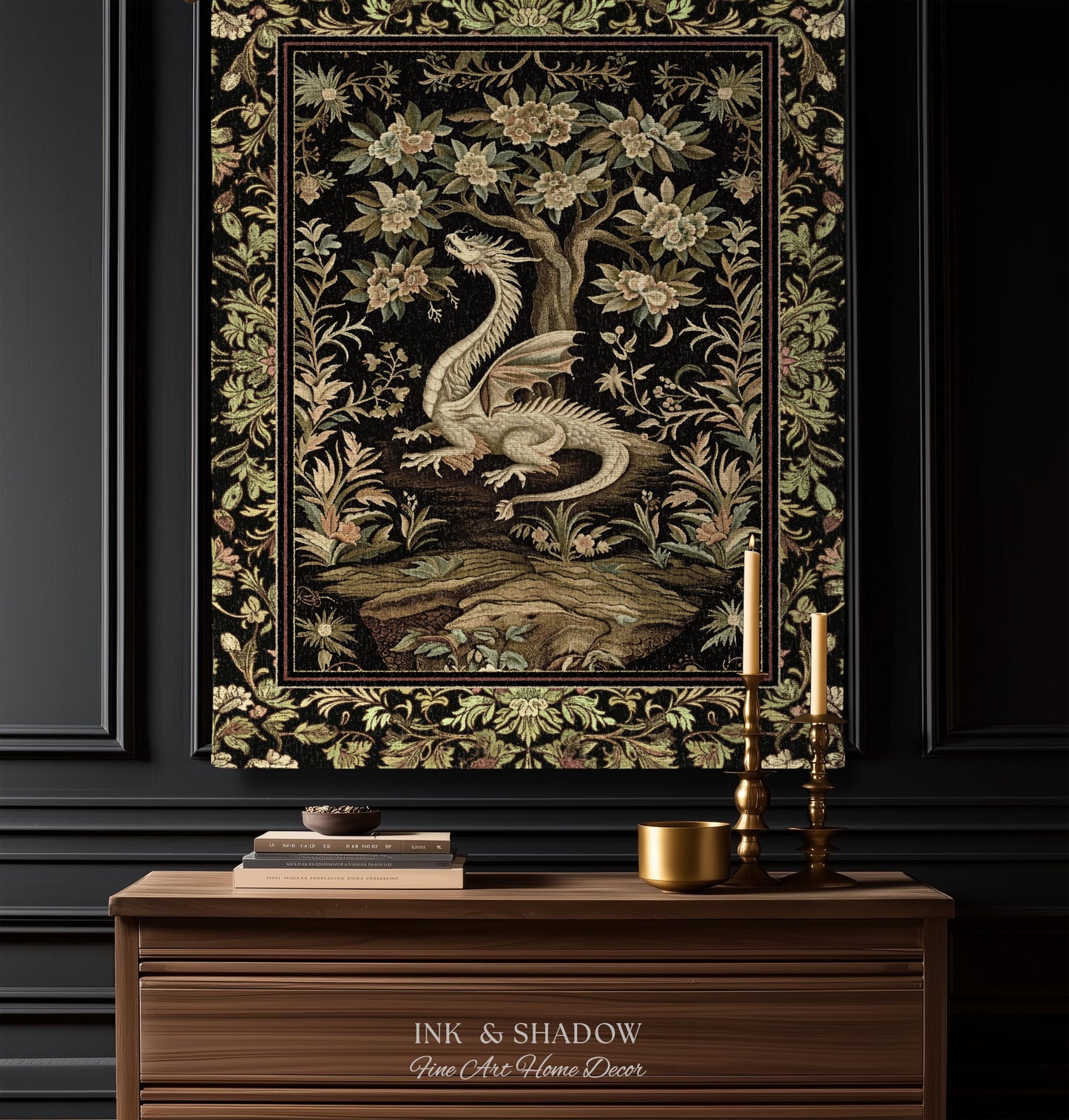 Woodland Gothic White Dragon Blanket Enchanted Forest Tapestry Throw | Mystical Dark Academia Whimsical Fantasy Forestcore Art Deco Decor