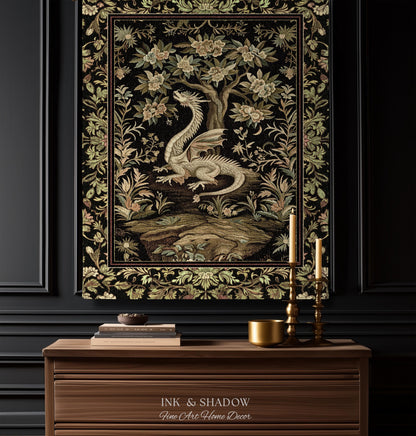 Woodland Gothic White Dragon Blanket Enchanted Forest Tapestry Throw | Mystical Dark Academia Whimsical Fantasy Forestcore Art Deco Decor