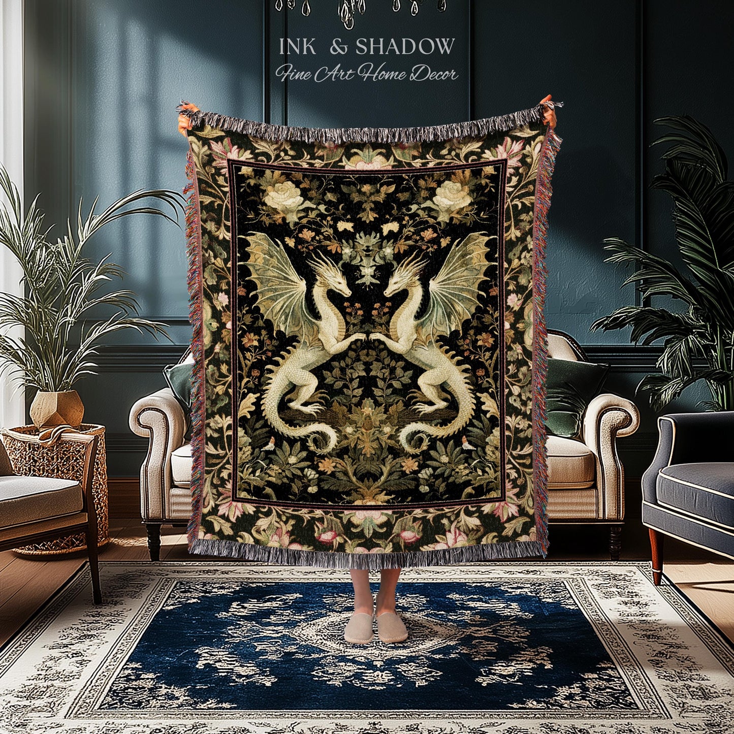 Ornate Antique Gold Folklore Aesthetic Baroque Dragon Tapestry Throw | Enchanting Art Deco Gothic Blanket Maximalist Fantasy Mystic Decor