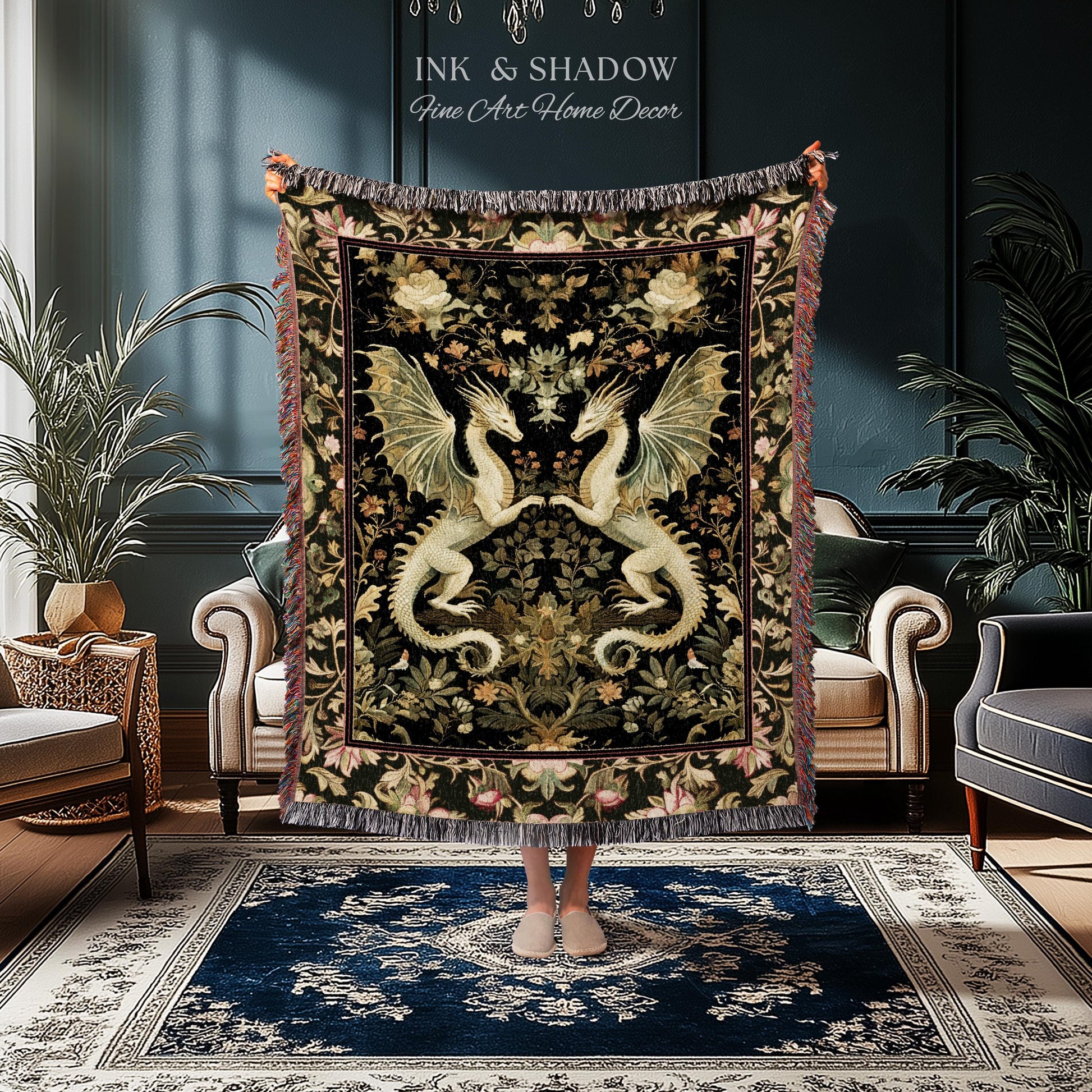 Ornate Antique Gold Folklore Aesthetic Baroque Dragon Tapestry Throw | Enchanting Art Deco Gothic Blanket Maximalist Fantasy Mystic Decor