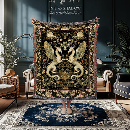 Ornate Antique Gold Folklore Aesthetic Baroque Dragon Tapestry Throw | Enchanting Art Deco Gothic Blanket Maximalist Fantasy Mystic Decor
