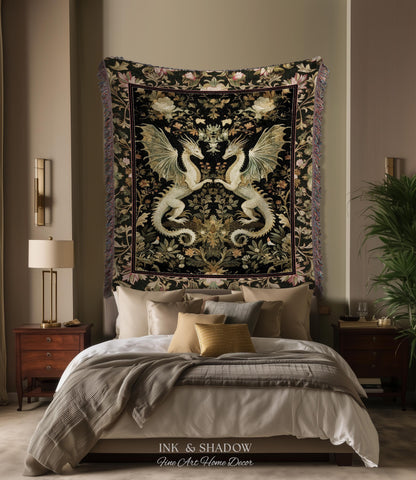 Ornate Antique Gold Folklore Aesthetic Baroque Dragon Tapestry Throw | Enchanting Art Deco Gothic Blanket Maximalist Fantasy Mystic Decor