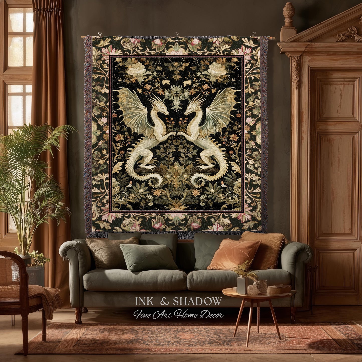 Ornate Antique Gold Folklore Aesthetic Baroque Dragon Tapestry Throw | Enchanting Art Deco Gothic Blanket Maximalist Fantasy Mystic Decor