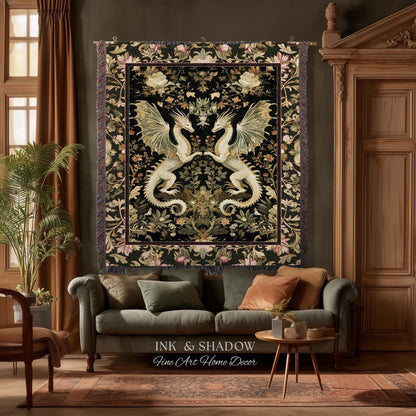 Ornate Antique Gold Folklore Aesthetic Baroque Dragon Tapestry Throw | Enchanting Art Deco Gothic Blanket Maximalist Fantasy Mystic Decor