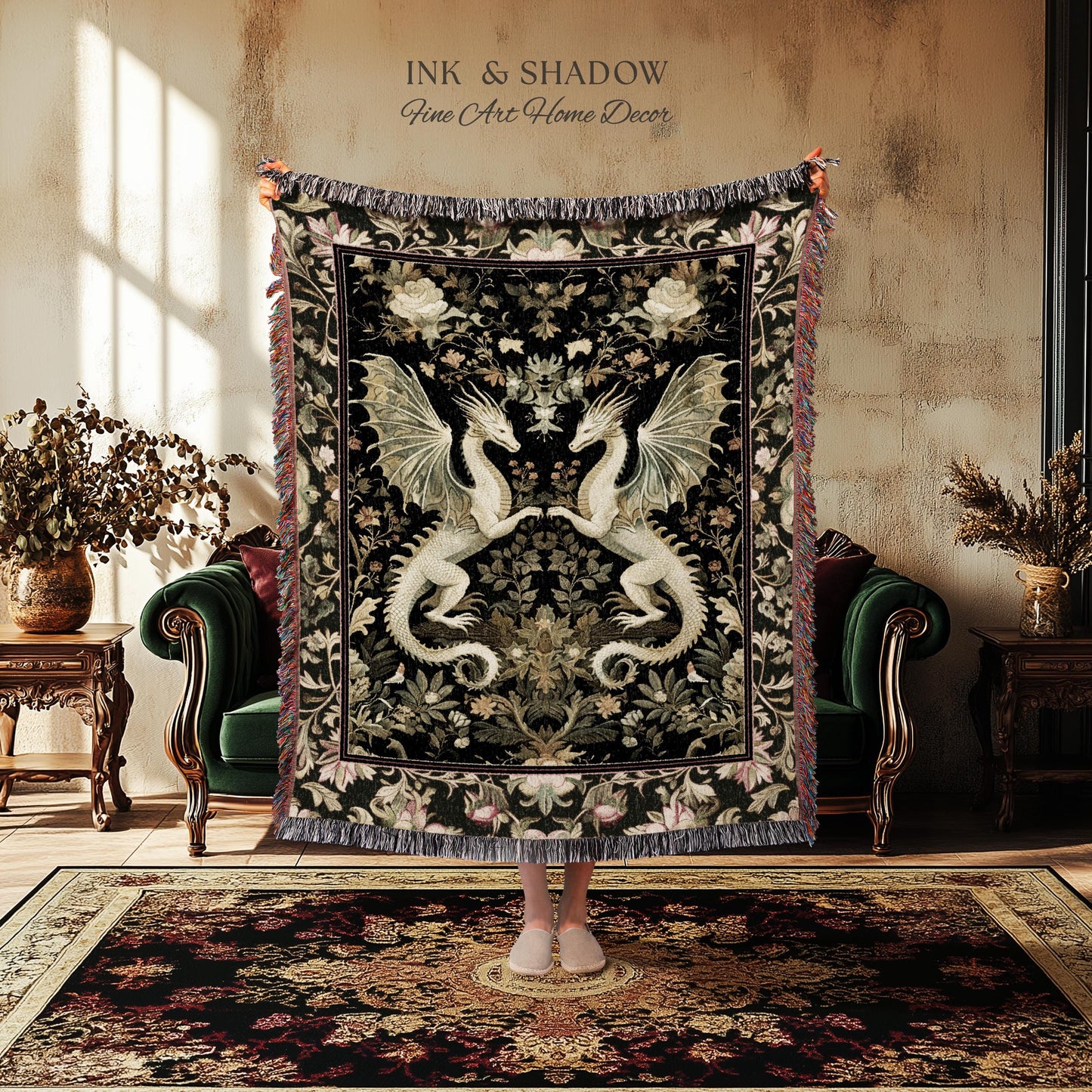 Ornate Antique Gold Folklore Aesthetic Baroque Dragon Tapestry Throw | Enchanting Art Deco Gothic Blanket Maximalist Fantasy Mystic Decor