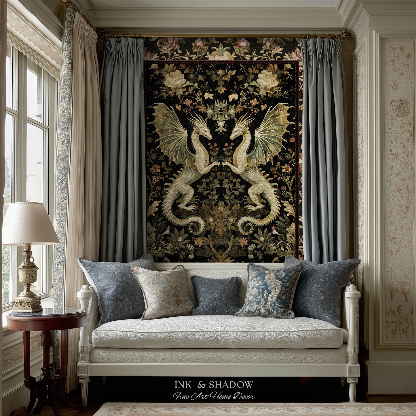 Ornate Antique Gold Folklore Aesthetic Baroque Dragon Tapestry Throw | Enchanting Art Deco Gothic Blanket Maximalist Fantasy Mystic Decor