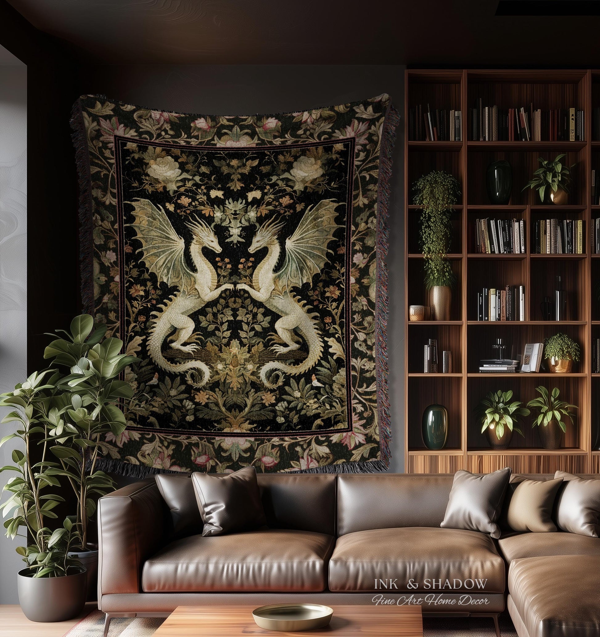 Ornate Antique Gold Folklore Aesthetic Baroque Dragon Tapestry Throw | Enchanting Art Deco Gothic Blanket Maximalist Fantasy Mystic Decor