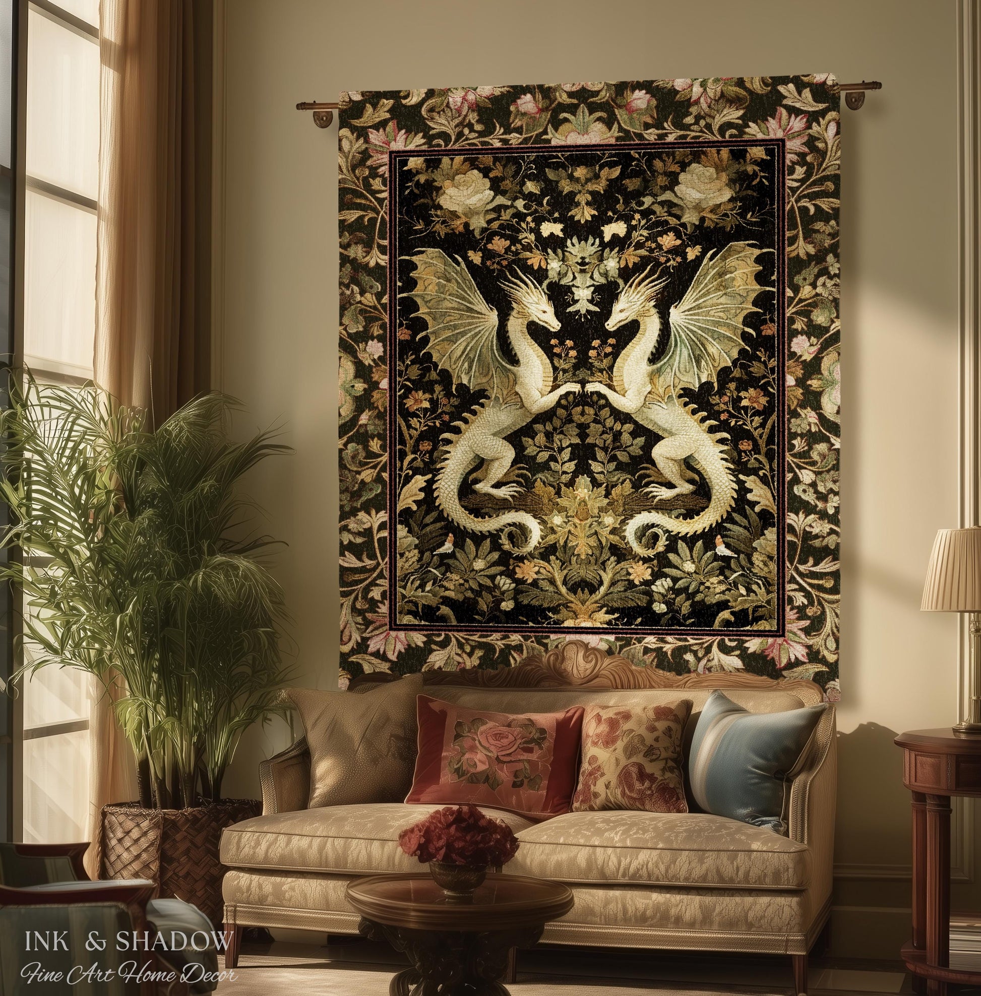 Ornate Antique Gold Folklore Aesthetic Baroque Dragon Tapestry Throw | Enchanting Art Deco Gothic Blanket Maximalist Fantasy Mystic Decor