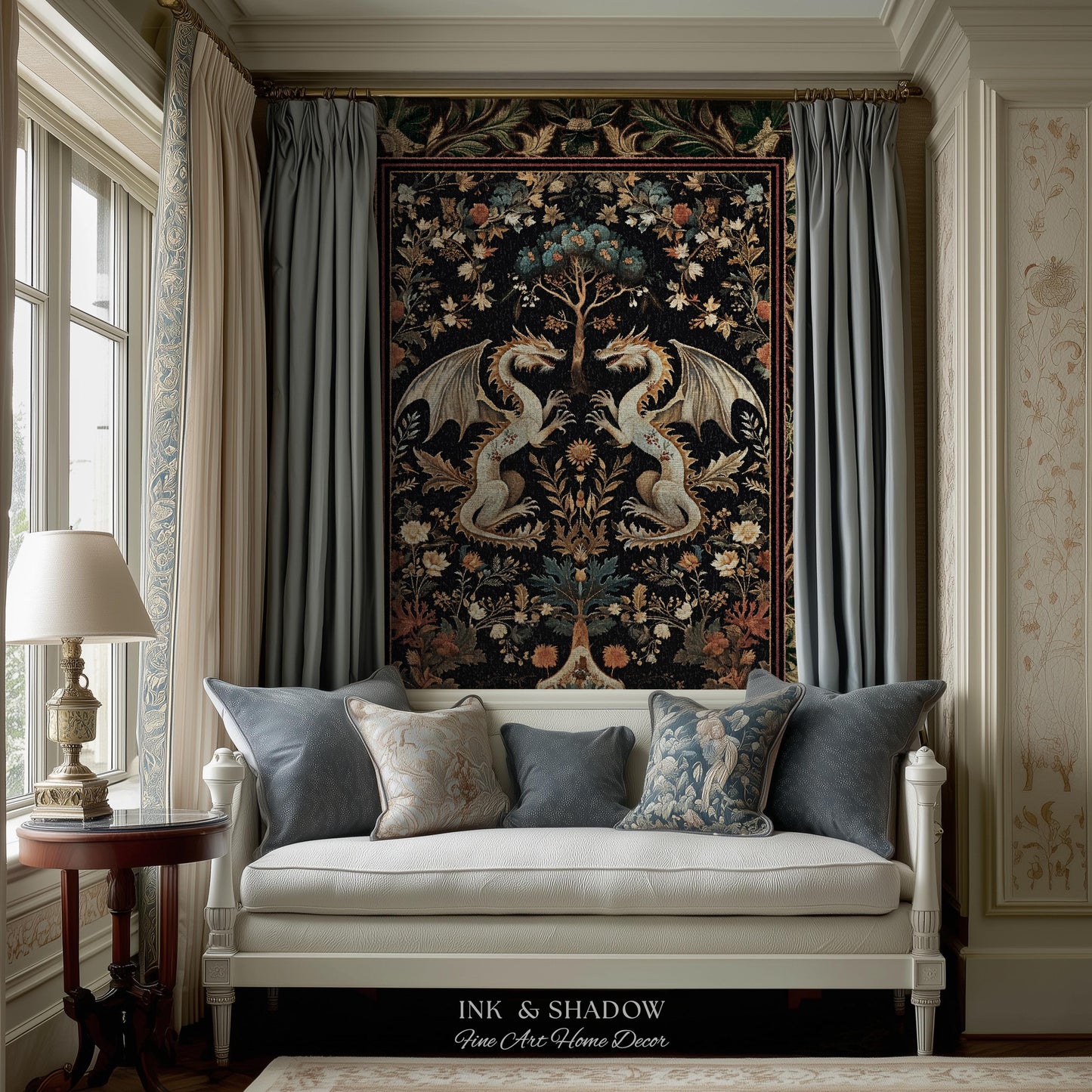 Rococo Dragon Blanket Ornate Baroque Art Nouveau Inspired Tapestry Throw Folklore Decor | Antique Aesthetic Maximalist Fantasy Home Decor