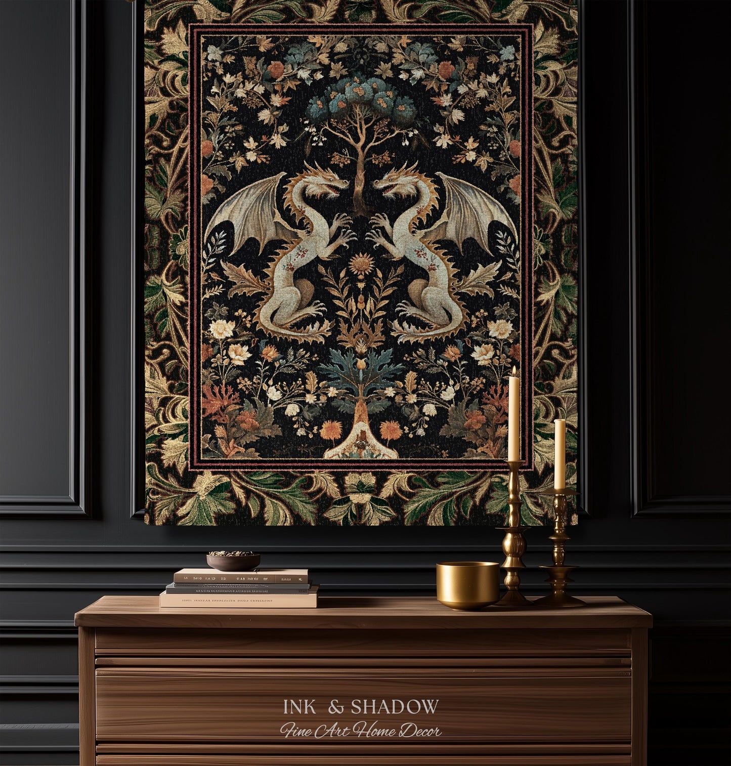 Rococo Dragon Blanket Ornate Baroque Art Nouveau Inspired Tapestry Throw Folklore Decor | Antique Aesthetic Maximalist Fantasy Home Decor