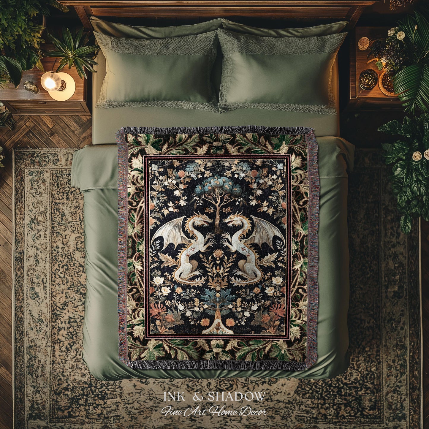 Rococo Dragon Blanket Ornate Baroque Art Nouveau Inspired Tapestry Throw Folklore Decor | Antique Aesthetic Maximalist Fantasy Home Decor