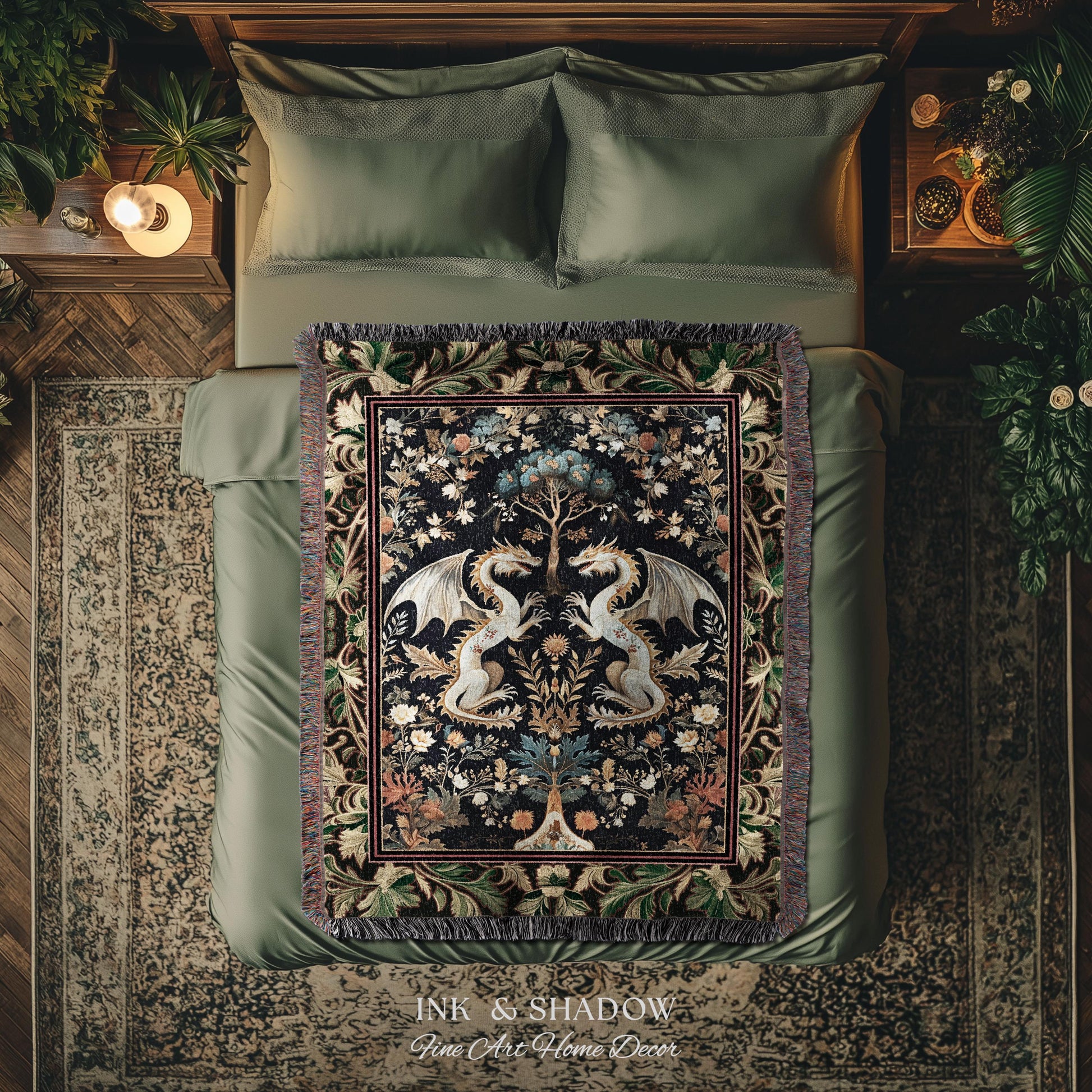 Rococo Dragon Blanket Ornate Baroque Art Nouveau Inspired Tapestry Throw Folklore Decor | Antique Aesthetic Maximalist Fantasy Home Decor