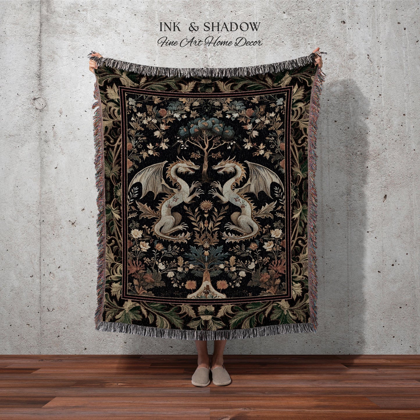 Rococo Dragon Blanket Ornate Baroque Art Nouveau Inspired Tapestry Throw Folklore Decor | Antique Aesthetic Maximalist Fantasy Home Decor